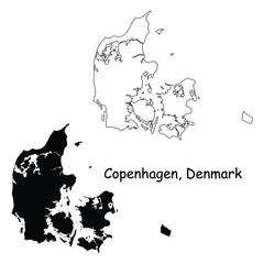 Copenhagen Denmark. Detailed Country Map with Location Pin on Capital City. Black silhouette and outline maps isolated on white background. EPS Vector