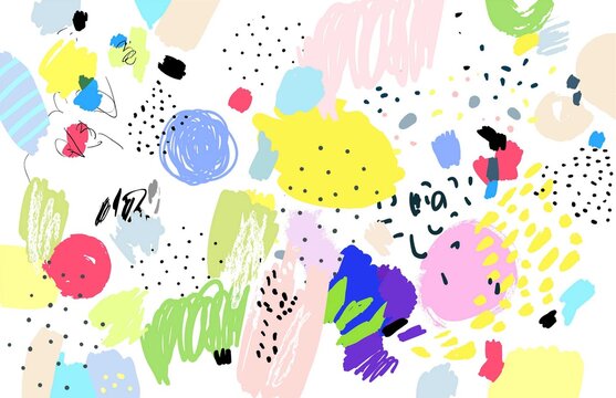 Naive art pattern. Brush, marker, highlight stroke. Abstract background. Vector artwork. Memphis 80s, 90s retro style. Child, kid drawing. Pink, black, blue, green, yellow, red, purple, violet colors