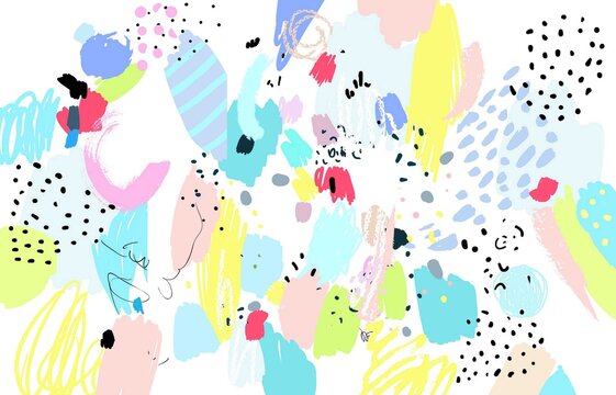 Naive art pattern. Contemporary pattern. Brush, marker, highlight stroke. Bohemian wallpaper. Vector artwork. Memphis 80s, 90s retro style. Child, kid drawing. Pink, blue, green, red, yellow color