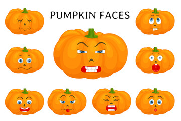 Pumpkin faces. Set of templates for halloween. Pumpkins isolated on white with different facial expressions. The characters are making faces. Collection of funny stickers