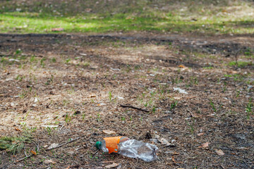 Plastic bottle in forest among plants. Toxic plastic into nature everywhere. Rubbish heap in park...