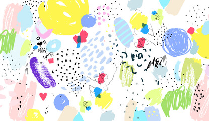 Naive art pattern. Brush, marker, highlight stroke. Abstract background. Vector artwork. Memphis 80s, 90s retro style. Child, kid drawing. Pink, black, blue, green, yellow, red, purple, violet colors © Oksana Trygub