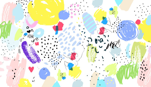 Naive art pattern. Brush, marker, highlight stroke. Abstract background. Vector artwork. Memphis 80s, 90s retro style. Child, kid drawing. Pink, black, blue, green, yellow, red, purple, violet colors