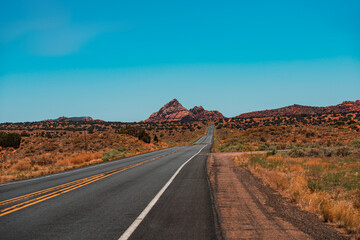 Fototapeta na wymiar Natural american landscape with asphalt road to horizon. Desert highway at sunset, travel concept, USA.