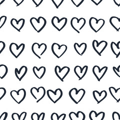 Abstract seamless pattern of ink hearts on white background. Image for a poster or cover. Repeating texture. Figure for textiles.