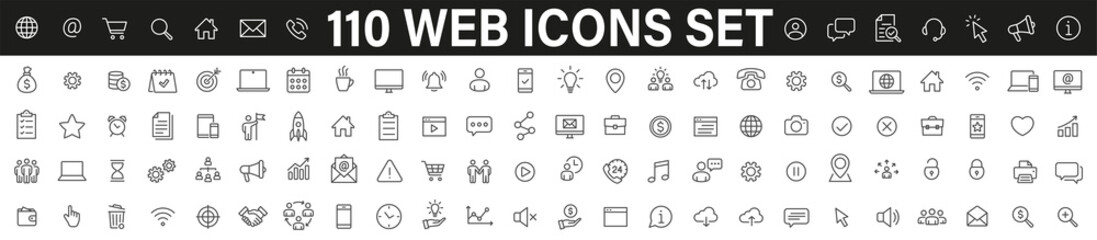 Simple set of 110 Web icons thin line icons. Contains such Icons as Marketing, Technology, User interface, Management, Message, Web Development and more. Linear pictogram - stock vector. - obrazy, fototapety, plakaty