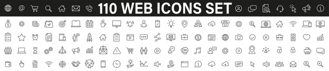 Fotobehang Simple set of 110 Web icons thin line icons. Contains such Icons as Marketing, Technology, User interface, Management, Message, Web Development and more. Linear pictogram - stock vector. © Comauthor
