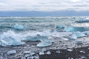 Picturesque winter landscape view of Diamond beach near Jokulsarlon lagoon, Iceland.