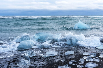 Picturesque winter landscape view of Diamond beach near Jokulsarlon lagoon, Iceland.