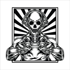 tattoo and t-shirt design black and white hand drawn skeleton gamer with controller game premium vector
