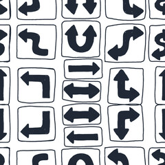 Seamless pattern of signs of direction of movement, signs, plaques. Hand drawn repeating texture. Figure for textiles.
