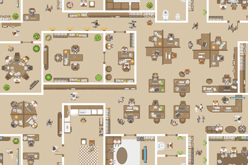 Seamless pattern. Office top view. People at work. Office room, meeting room, reception, office furniture, cabinets, desks, chairs, computers. (view from above) 