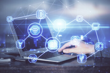 Social network theme hologram with businessman working on computer on background. Concept of world wide web. Multi exposure.