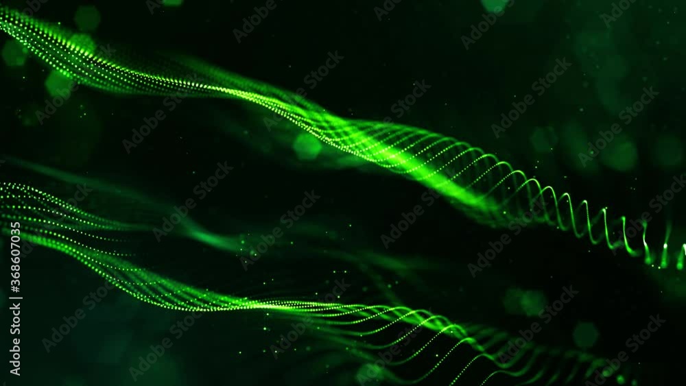 Poster 4k looped sci-fi green background with bokeh and light effects. glow green color particles form line