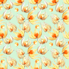 seamless pattern with autumn watercolor physalis