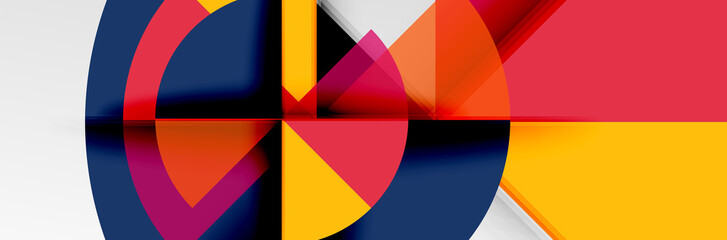 Bright color circles, abstract round shapes and triangles composition with shadow effects. Vector modern geometric design template