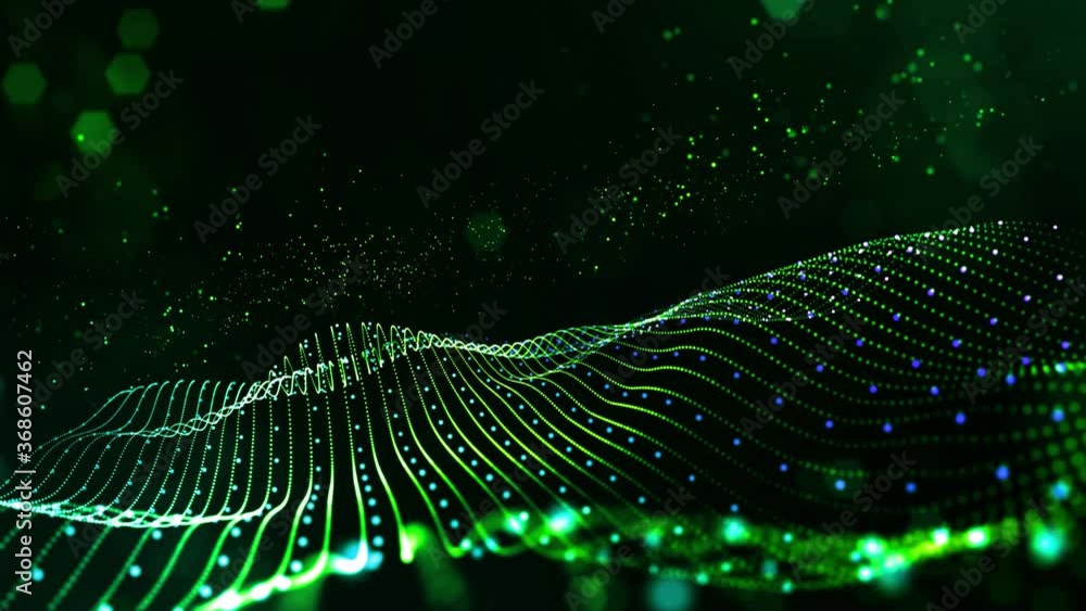 Poster 4k looped sci-fi green background with bokeh and light effects. glow green color particles form line