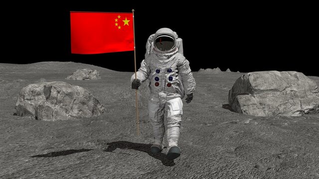 Astronaut walking on the moon with Chinese flag. CG Animation. Some Elements of this video furnished by NASA. 3d rendering.