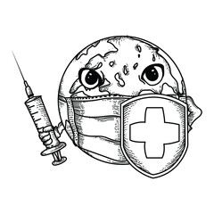 black and white hand drawn illustration design earth globe with mask and shield premium vector