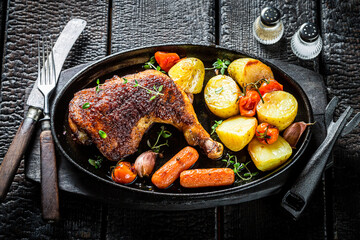 Grilled chicken with vegetables, herbs and spices