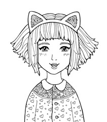 Girl wearing headband with kitten ears. Manga style poster. Amazing anime girl. Happiness concept. Vector fashion illustration. Hand drawn portrait sketch. Comics story. Black and white
