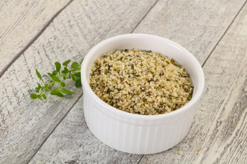 Peeled hemp seeds in the bowl