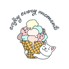 Enjoy every moment. Cute illustration of a happy white cat lying near an ice cream in waffle cup. Vector 8 EPS.