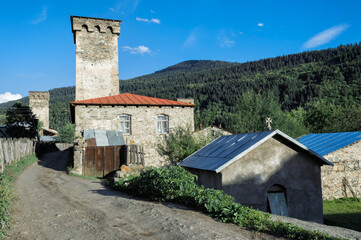 Fototapeta na wymiar Traditional medieval Svanetian tower houses, Lashtkhveri village, Svaneti region, Caucasus, Georgia