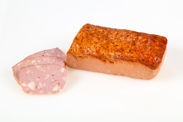 Tasty meat sausages over white background