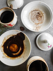 composition of coffee cups and plates for hand lettering and vintage coffee shop branding design. 