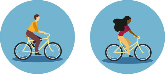 Fototapeta premium Isolated round icons with man and black woman on the bicycles. Cyclists. Vector graphic minimalism.