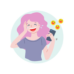 Laughing girl with a phone. Illustration of a young girl laughing to tears when reading a message using a mobile phone. Vector 8 EPS.