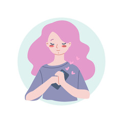 Happy girl with a phone. Illustration of a young girl in love holding a smartphone. Vector 8 EPS.