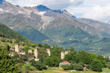 Traditional Svanetian towers in Shkhara Mountains, Unesco World Heritage Site, Legeri Village, Mestia, Svaneti region, Georgia