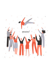 Group of people congratulate a person by tossing them up. Togetherness concept. Hand drawn phrase: hooray . Vector illustration