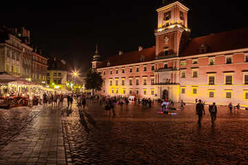 Warsaw city center is illuminated at night by artificial lighting