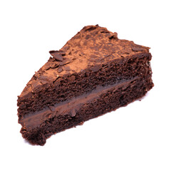 Slice of dark chocolate cake isolated on white background