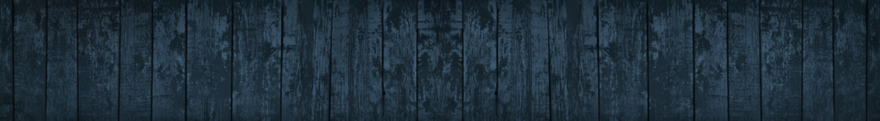 Fototapeta na wymiar Dark blue grunge background. Long banner with vintage wood texture. Navy blue old wooden background.