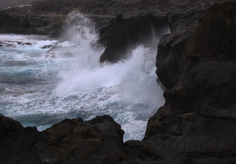 North coast of Gran Canaria, lava fields of Banaderos area, grey textured lava from eruption of Montana de Arucas