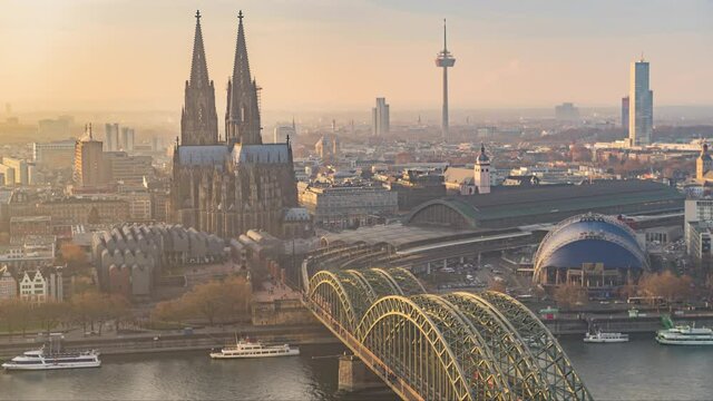 Time Lapse of Aerial View Cologne city and Cathedral with Hohenzollern Bridge, Cologne, Germany