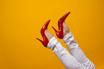 Female feet in beautiful red stiletto shoes, yellow background copy space.