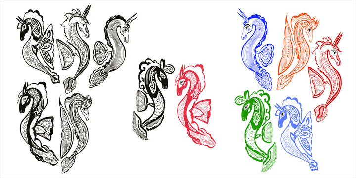 Fabulous dragon seahorses vector set. Six images monochrome and color version isolated on a white background. Suitable for creating seamless patterns, product design and flat design and much more.