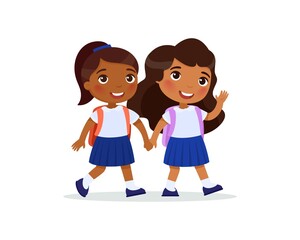 Two schoolgirls going to school flat vector illustration. Couple pupils in uniform holding hands isolated cartoon characters. Two dark skin elementary school students with backpacks waving hand