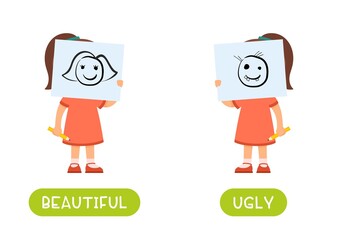 Beautiful and ugly antonyms word card vector template. Flashcard for english language learning. Opposites concept. 