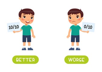 Best and worst antonyms word card vector template. Flashcard for english language learning. A sad boy holds in his hand a sheet with a minimum result and a happy boy shows a maximum result.