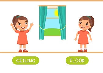 Ceiling and floor antonyms word card vector template. Flashcard for english language learning. Little girl points up and points down.