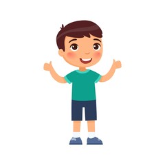 Happy little boy shows thumbs up as a sign of agreement. Cartoon character isolated on white background. Flat vector color illustration.