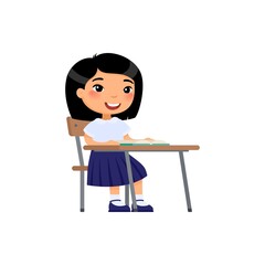 Asian school girl sit at school desk, cartoon characters. Elementary school education process. Happy pupil at lesson flat vector illustration
