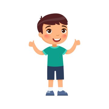 Happy little boy shows thumbs up as a sign of agreement. Cartoon character isolated on white background. Flat vector color illustration.
