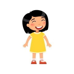 Fototapeta premium Laughing little girl flat vector illustration. Cheerful asian child with a smile on face standing alone cartoon character. Lonely kid in good mood, person happy expression isolated on white background